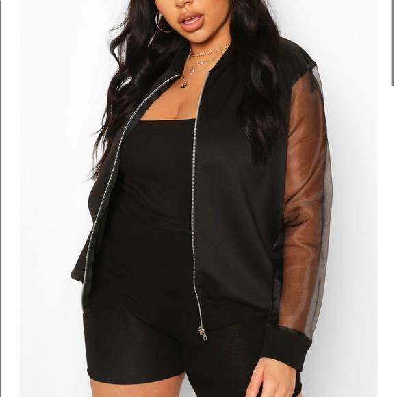 Cropped Bomber Jacket with Sheer Organza Sleeves